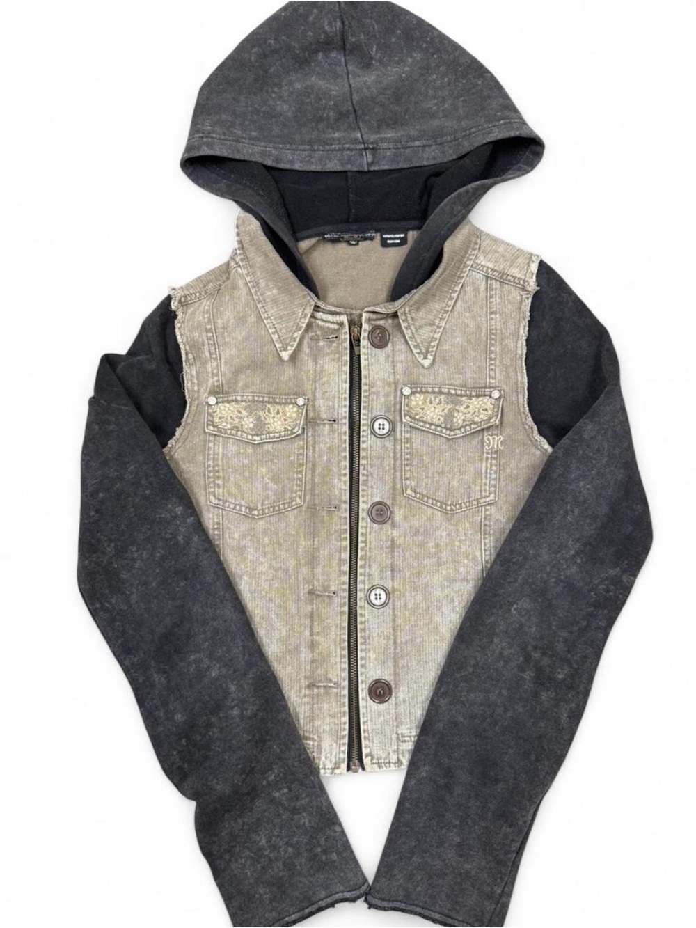 Miss Me Denim Y2K Jacket Hoodie Hybrid Acid Wash Embellished  Sz L